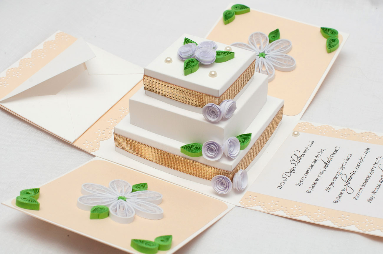 kartka pudełko z tortem, quilling, kartki ślubne ręcznie robione, handmade cards