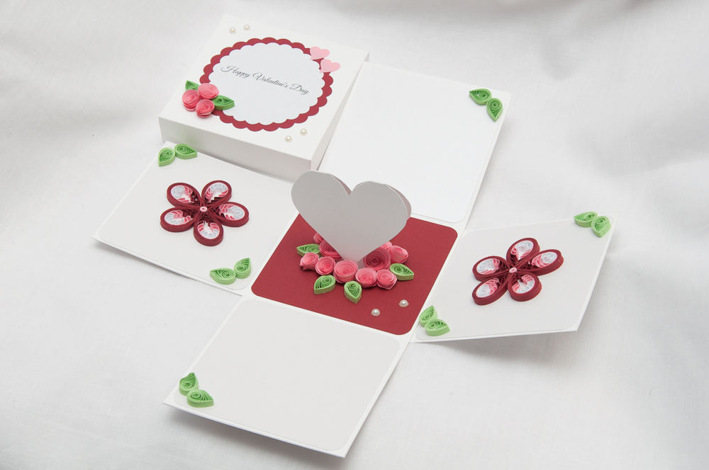 valentine's day cards handmade, valentine's day exploding box, valentine's day quilling
