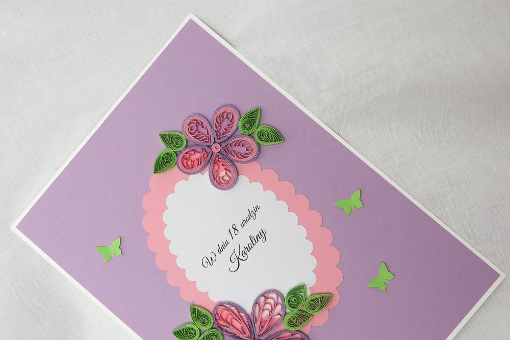 handmade birthday card for a girl purple flowers quilling