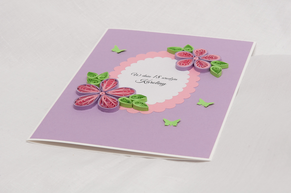 handmade birthday card quilled flowers purple