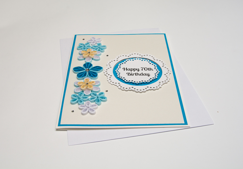 kartka na 70te urodziny ręcznie robiona niebieska kwiaty