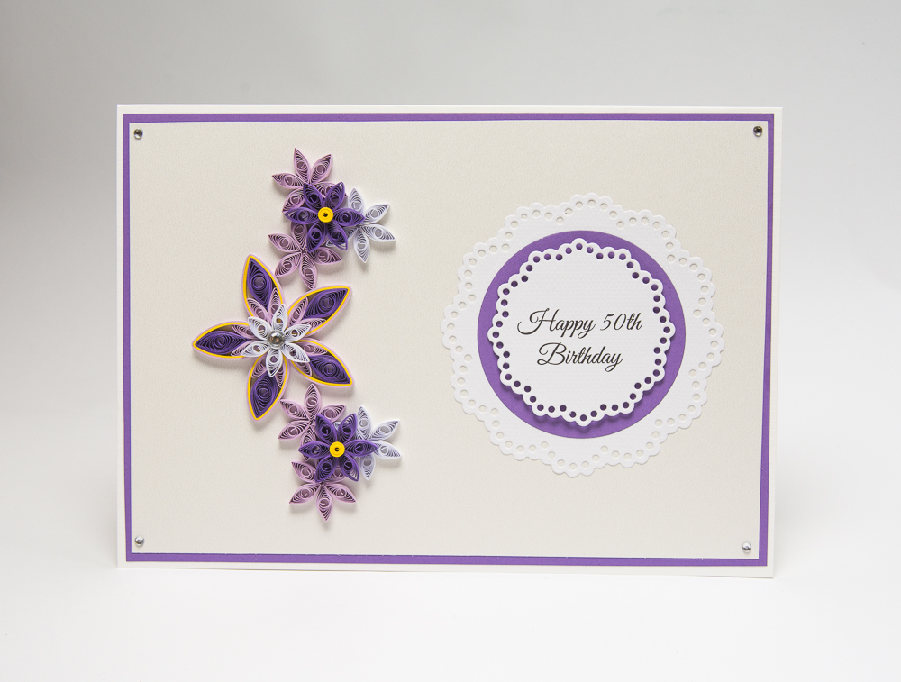 kartka z okazji 50tych urodzin ręcznie robiona elegancka wyjątkowa oryginalna kwiaty fioletowa