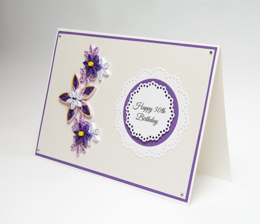 unique handmade 50th birthday card quilling quilled flowers purple elegant custom personalized