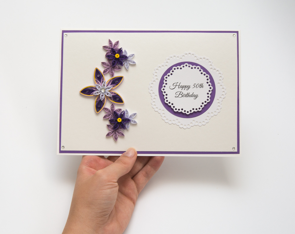oryginalne kartka na 50 urodziny ręcznie robiona fioletowa kwiaty na zamówienie elegancka oryginalna