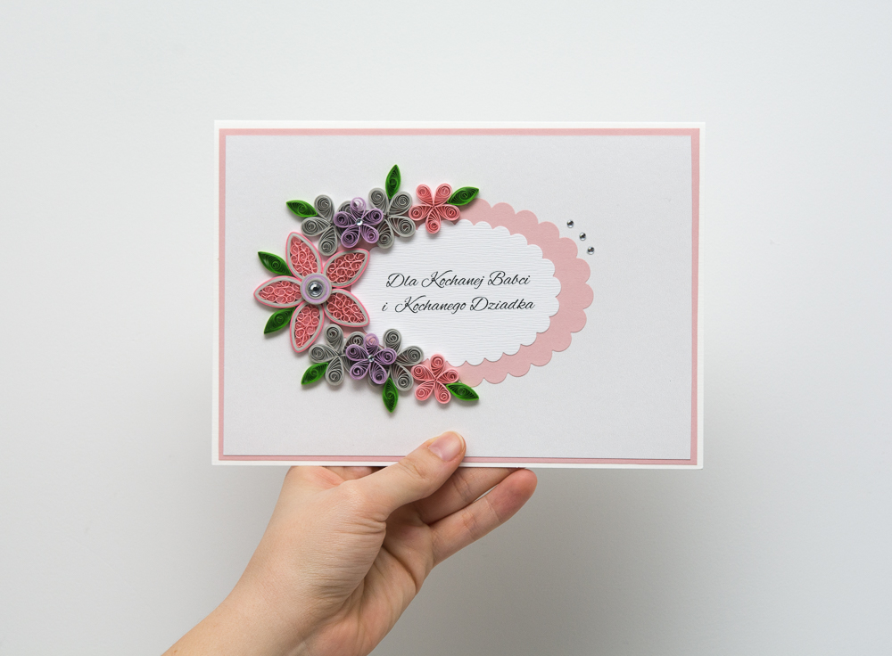 kartka na dzień babci dzień dziadka ręcznie robiona pastelowa quilling kwiaty polskie rękodzieło laurka