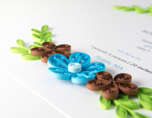 metryczka niebieskie kwiaty dla chłopca prezent na narodziny dziecka rękodzieło na zamówienie imię dziecka nad łóżeczko
