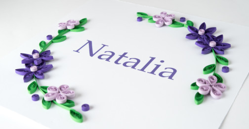 elegant handmade name sign for a girl purple floral wreath quilling wall art baby room decor modern home decor etsy