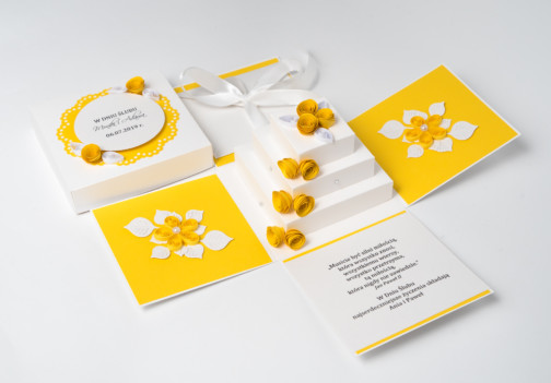 exploding box na ślub żółty ręcznie robiona kartka pudełko