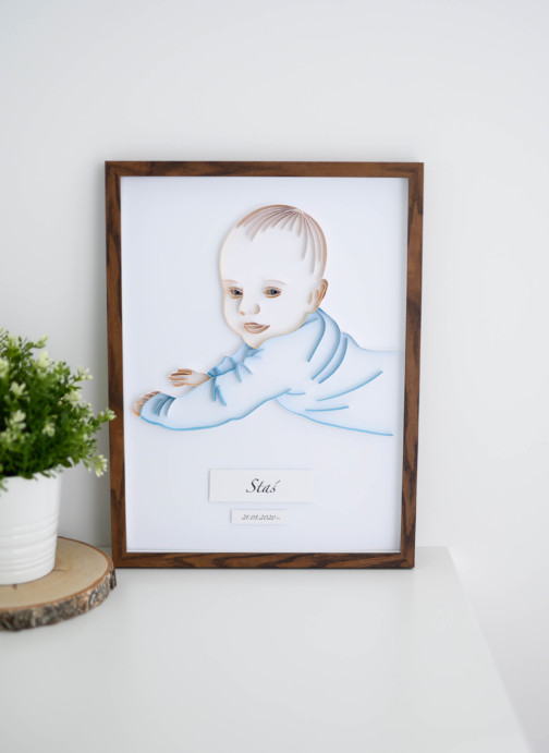 ręcznie robiona metryczka 3d portret dziecięcy prezent na narodziny chłopca